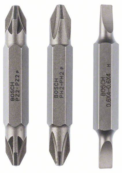 Three double-sided screwdriver bits in various sizes and shapes, with specification labels printed on the bits.