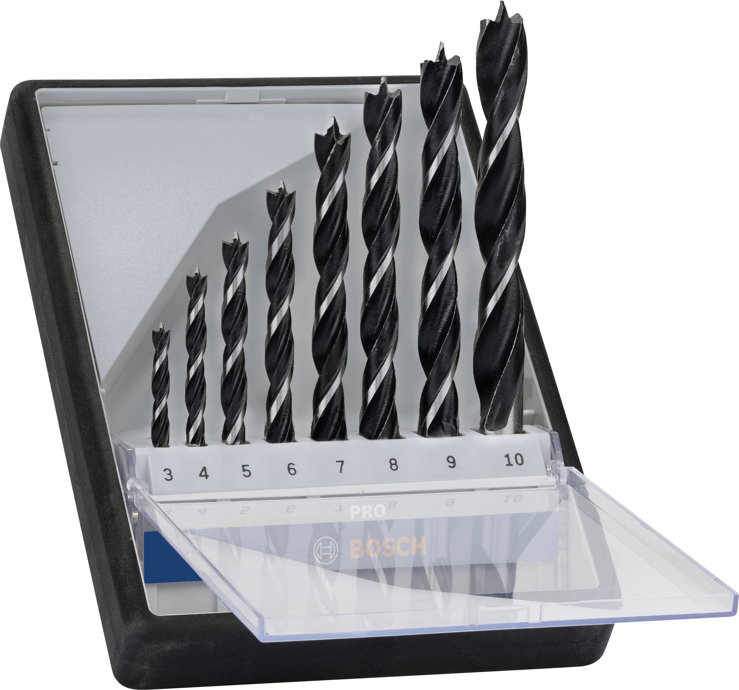 A set of eight black spiral drill bits in various sizes in an open plastic box, with the brand name visible.