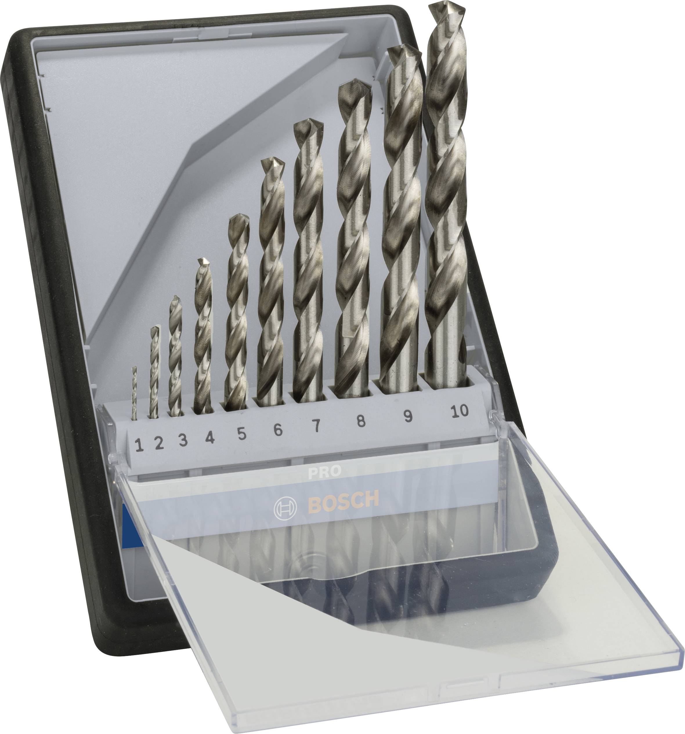 A drill bit set with ten metal drill bits of varying sizes in a black storage box, arranged from small to large.