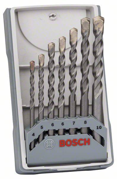 'Bosch' drill bit set with seven metal drill bits of varying sizes in a grey case. Suitable for a range of drilling tasks.