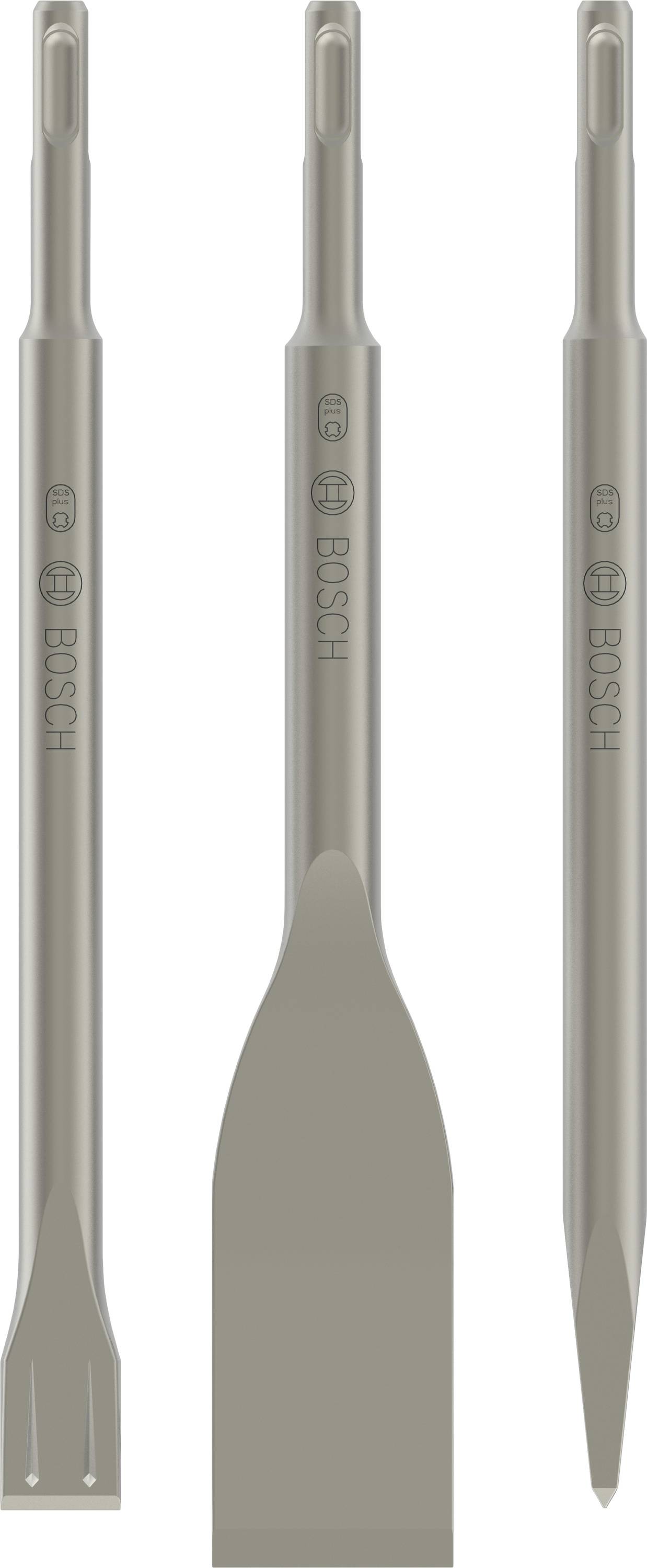 Three different chisel attachments from Bosch, suitable for rotary hammers. Includes flat chisel, point chisel and tile chisel.