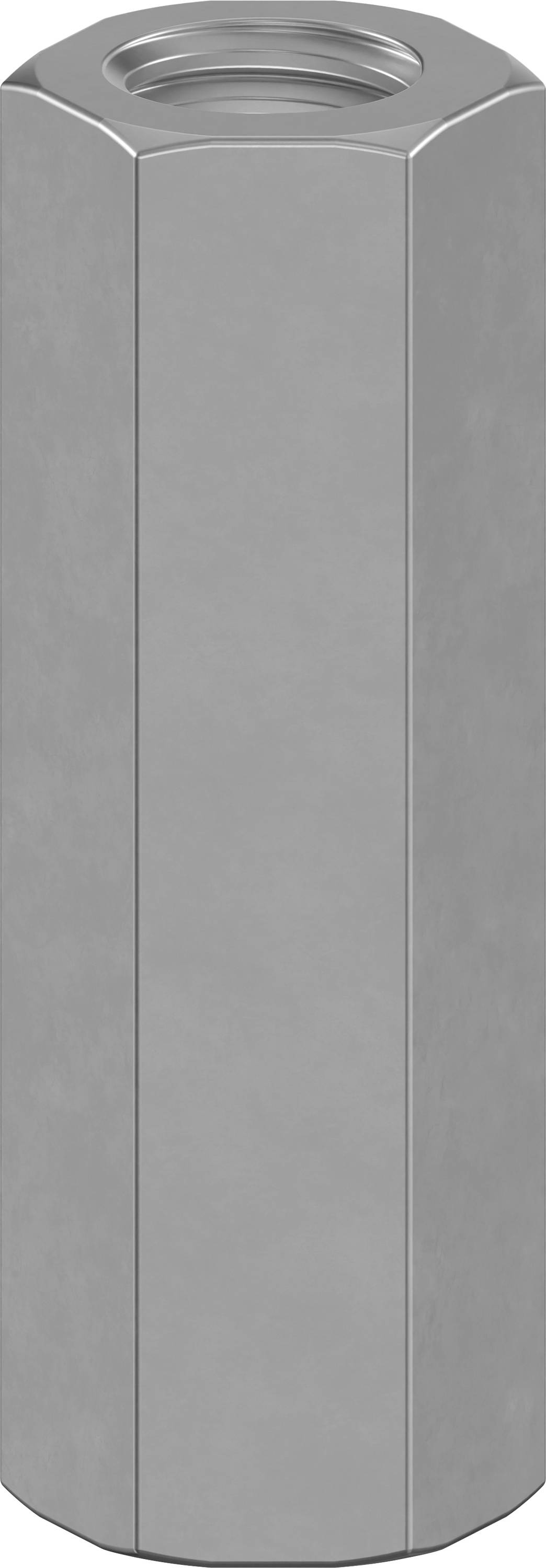 Hexagonal nut, made of metal, in a cylindrical form, commonly used in construction and mechanical engineering.