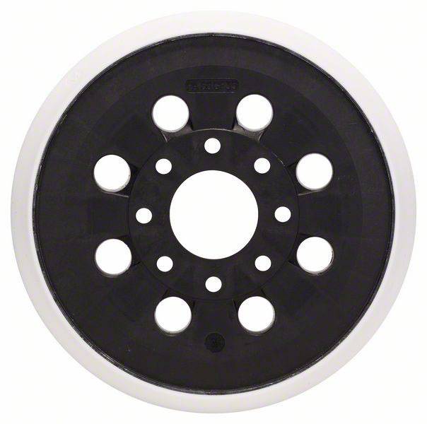 A black wheel with eight circular holes and a white outer edge. The centre is round and hollow.