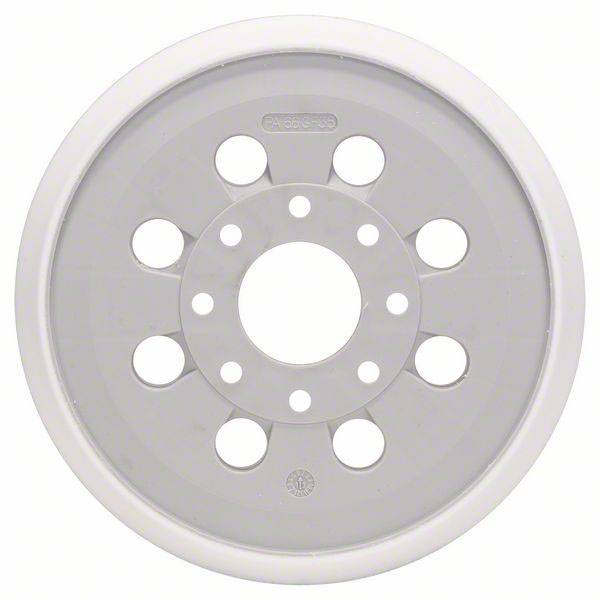 A round, grey plastic wheel with several evenly distributed holes around its centre. It appears to function as a wheel or cover.