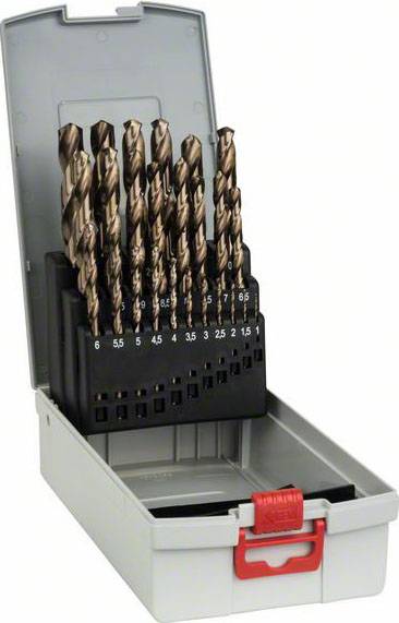 An open suitcase with a drill bit set. The drill bits are sorted in various sizes, ranging from 3 to 10 millimetres.