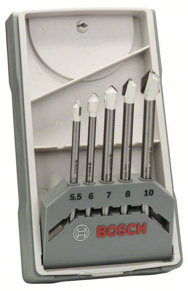 Five Bosch drill bits of varying sizes displayed in an open grey case, each marked with their size ranging from 5.5 to 10 millimetres.