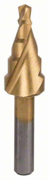 A stepped metal drill bit with a spiral tip, suitable for drilling holes of varying sizes in metal or plastic.