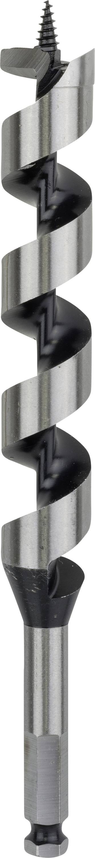 Large wood drill bit with a spiral blade and pointed tip, suitable for drilling into wood.