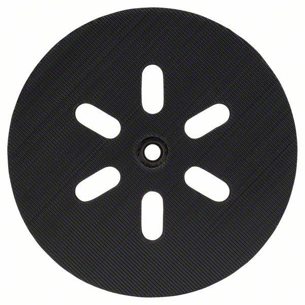 Black, round disc with six elongated, evenly distributed openings radiating from the centre.