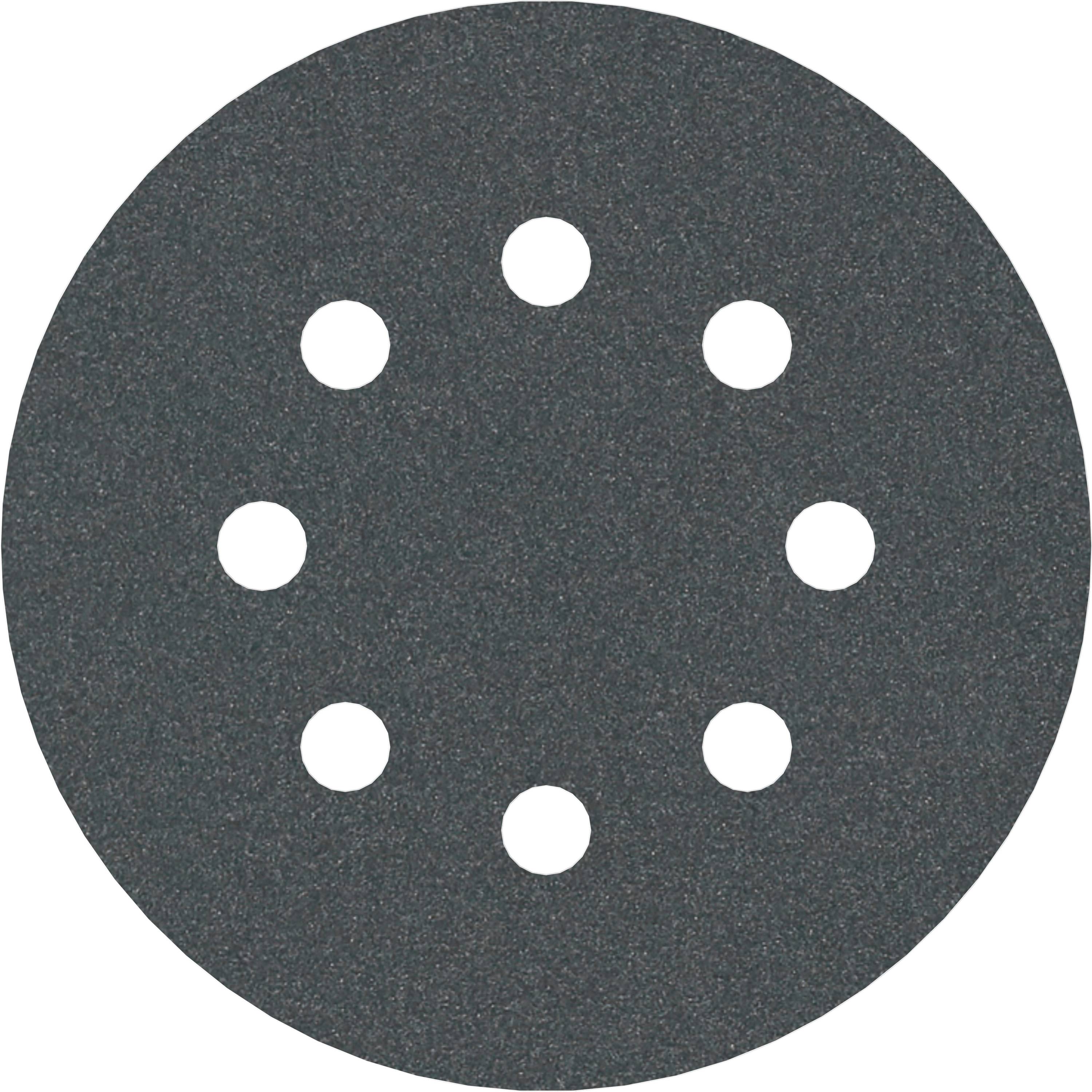 Round grinding disc with eight holes, likely suitable for an electric grinding machine. Dark, granular surface.Note: The translation follows British English conventions while maintaining the original meaning and technical description.