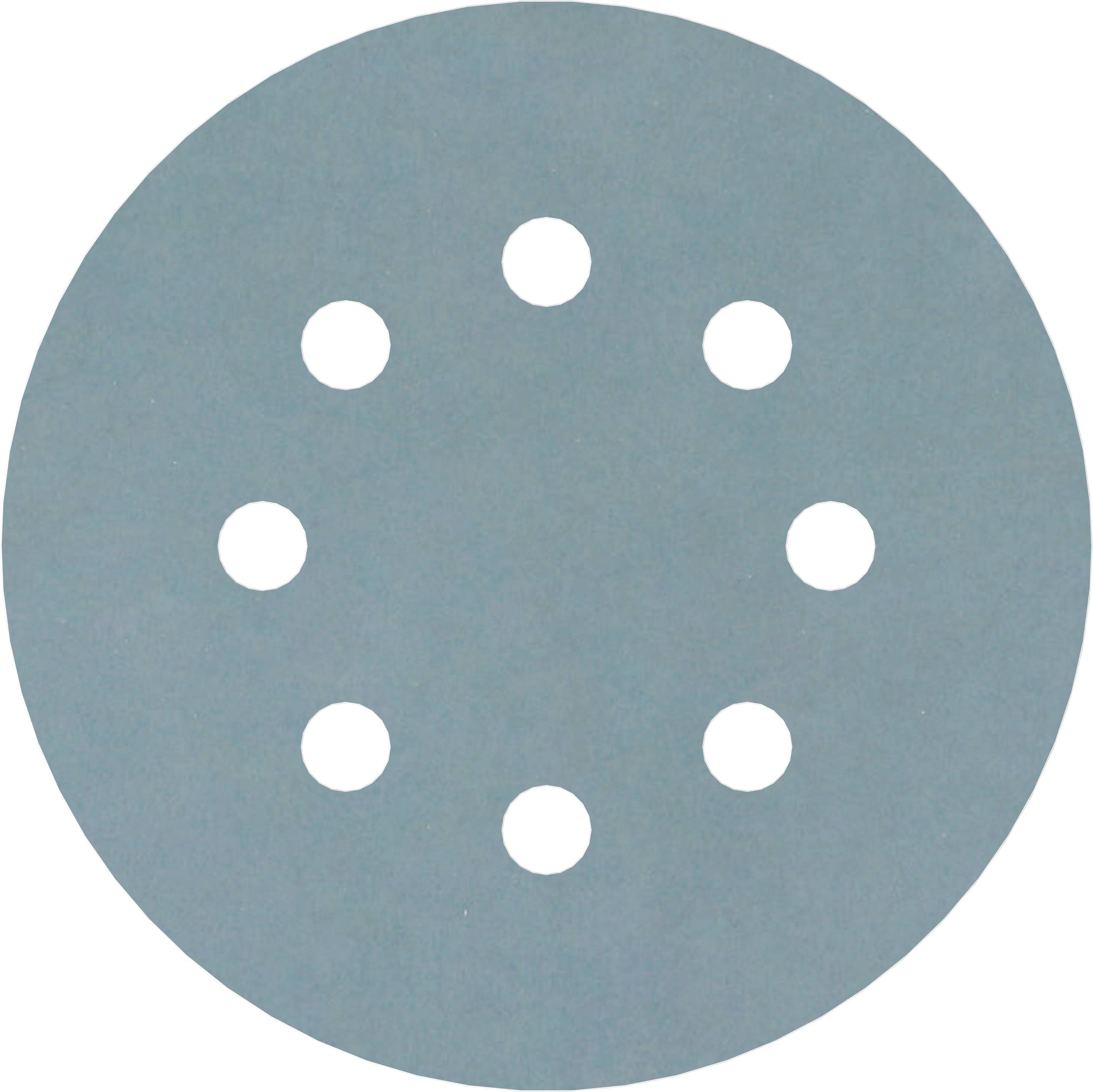 A round, blue sandpaper with nine evenly distributed holes.