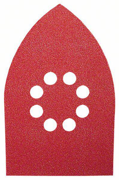 Red sandpaper with a pointed upper edge and nine round holes in a symmetrical arrangement.