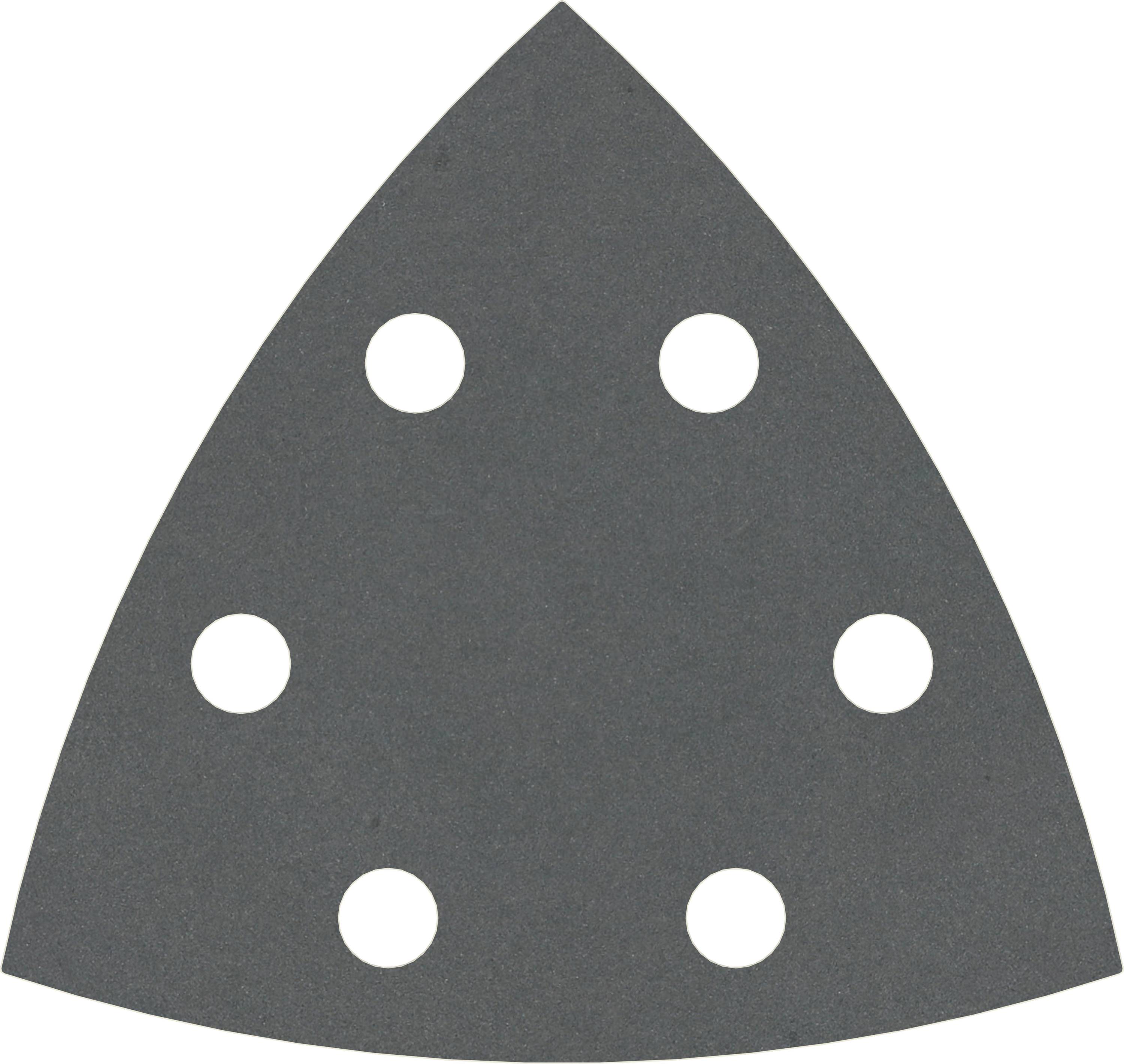 A triangular sandpaper with six round holes.