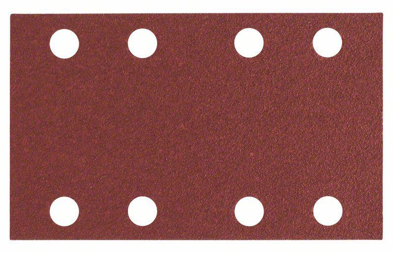 Red sandpaper with six evenly distributed holes in two rows.