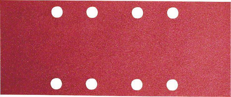 Red sandpaper with eight evenly distributed round holes.