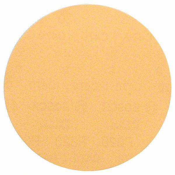 A round, beige sanding disc with fine grit, suitable for woodworking or surface finishing.