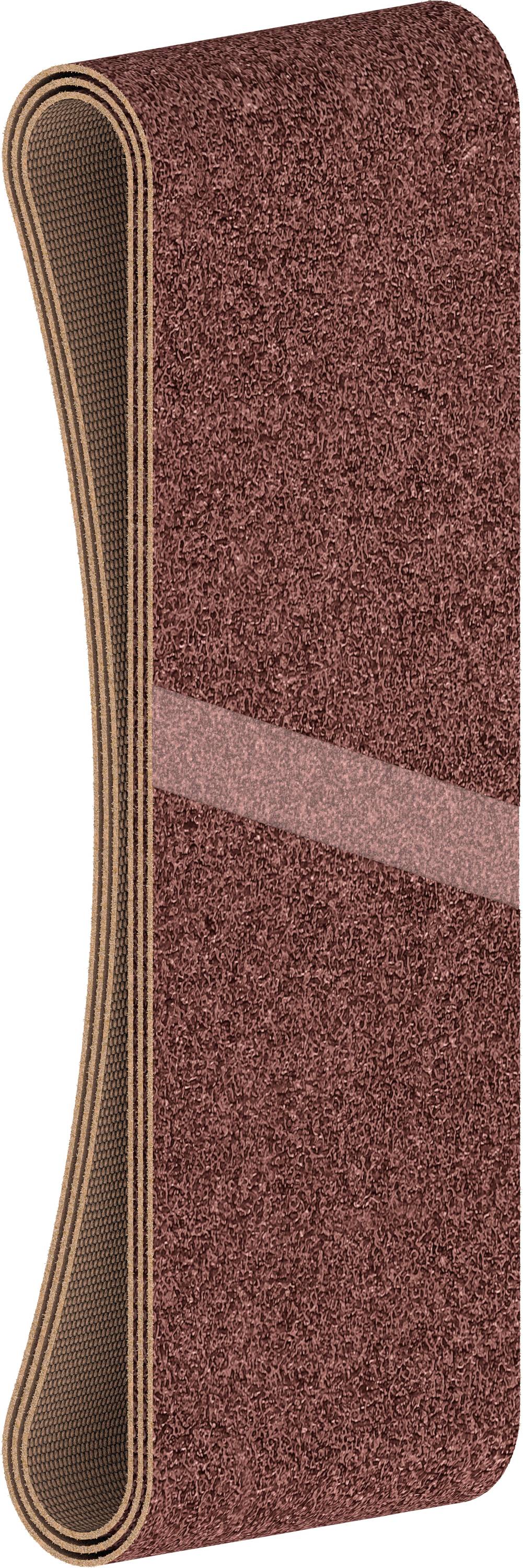 Brown abrasive sanding belt rolled up, showing its rough surface and edges. Suitable for sanding various materials.