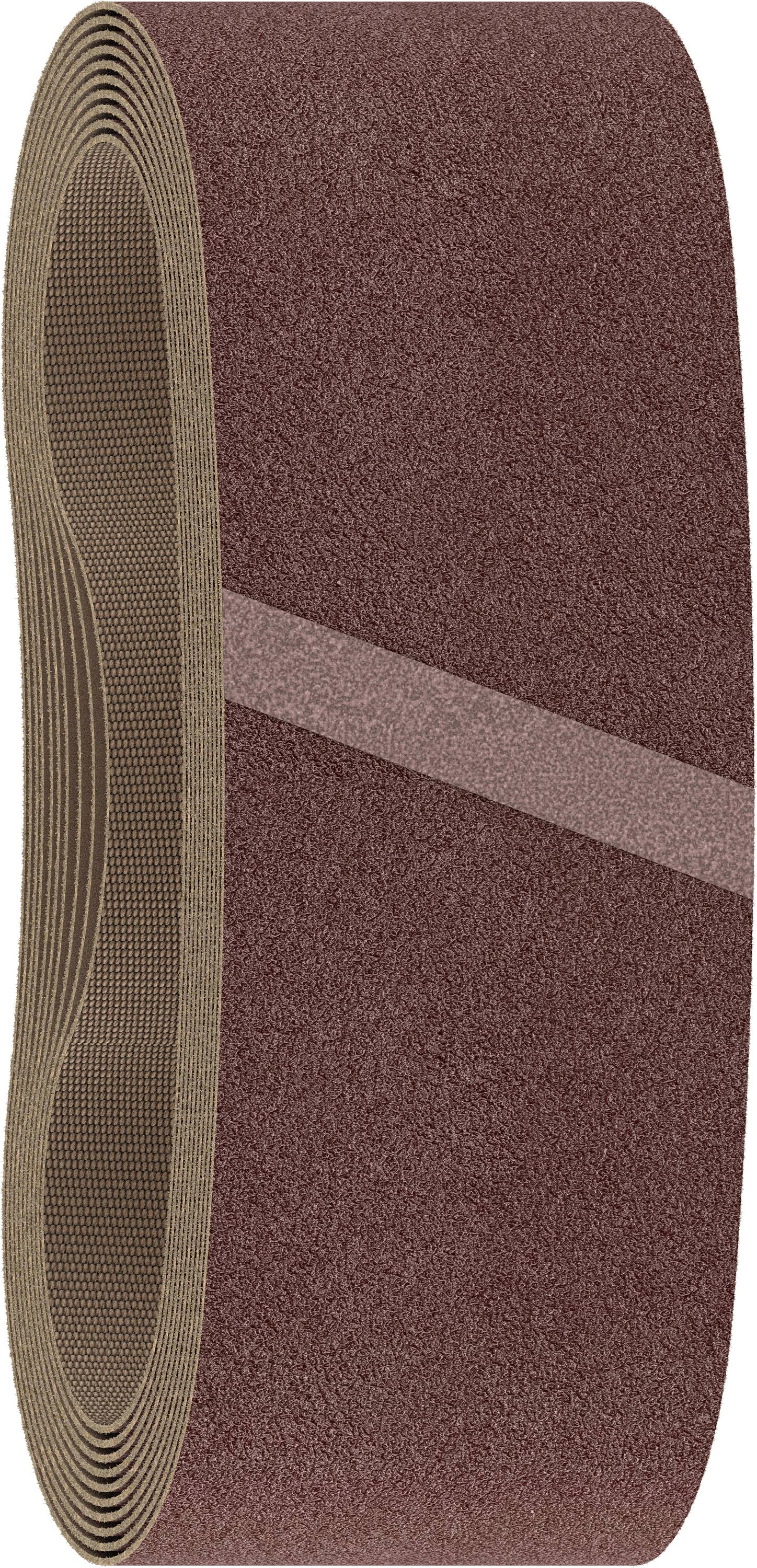 Brown sanding belt in an oval shape with a smooth, granular surface, suitable for sanding work on wood or metal.