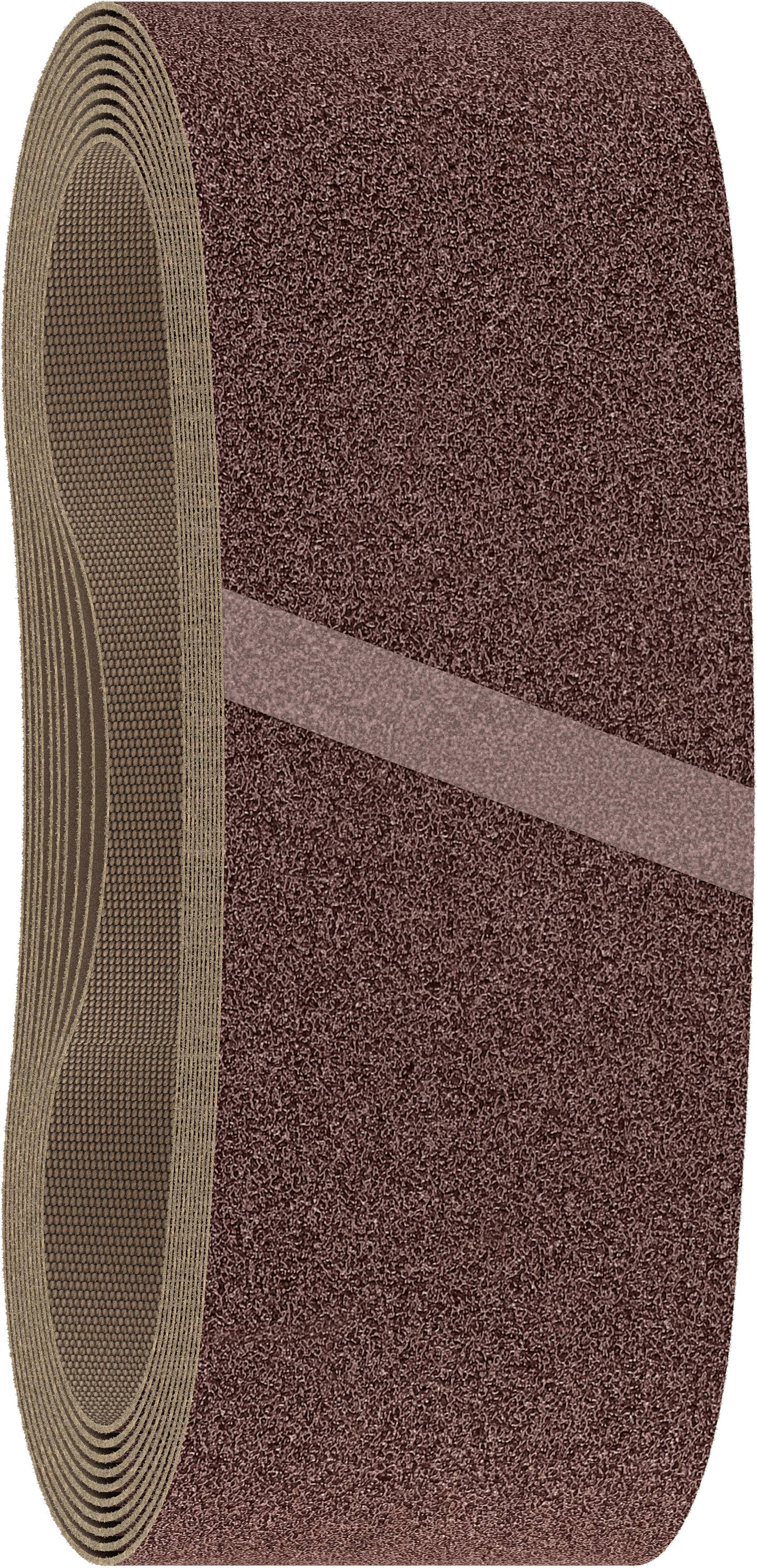 A brown sanding belt in an oval endless form. It has a rough surface used for grinding and polishing materials.