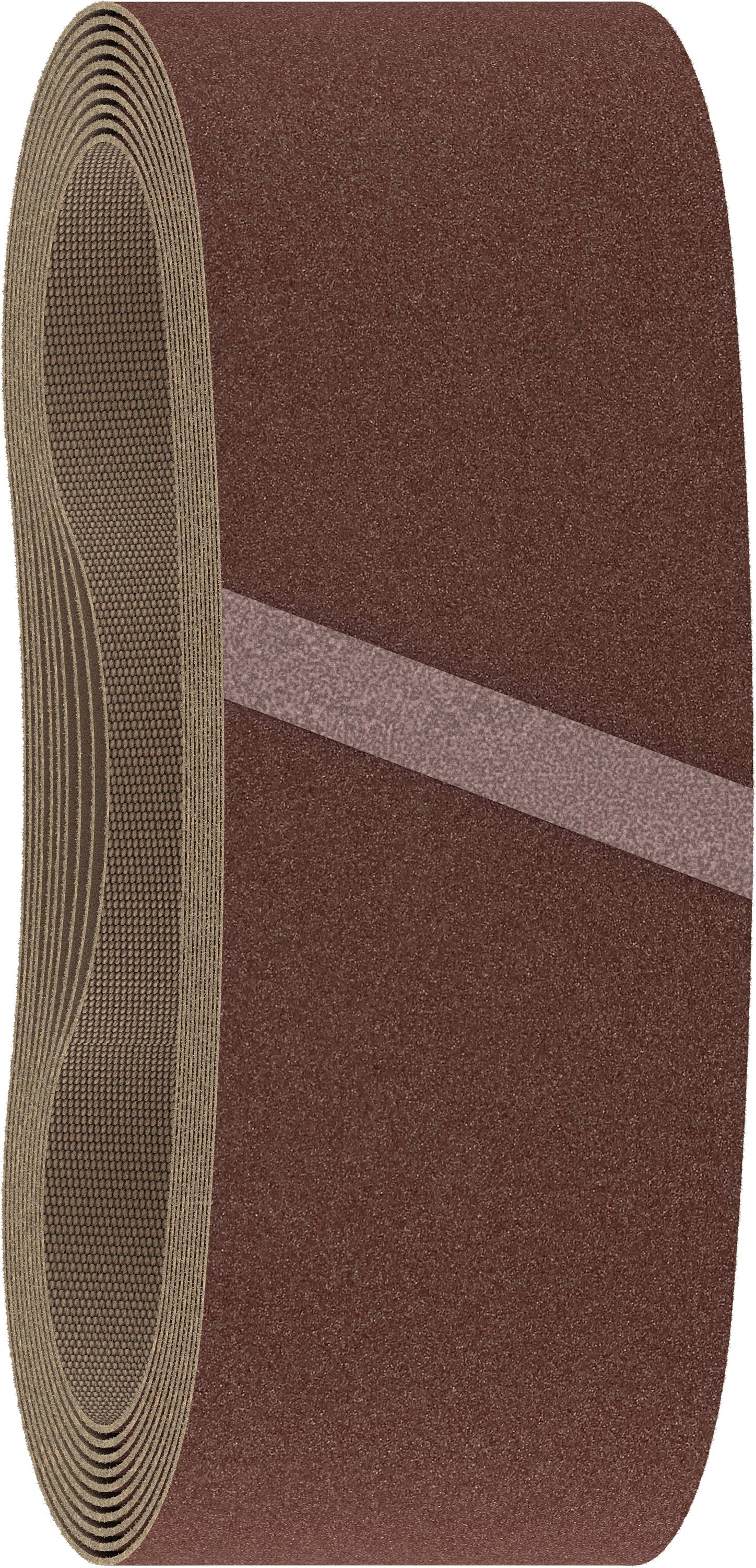 Brown sanding belt in a loop, for grinding machine support, shows coarse grit for wood or metal processing.