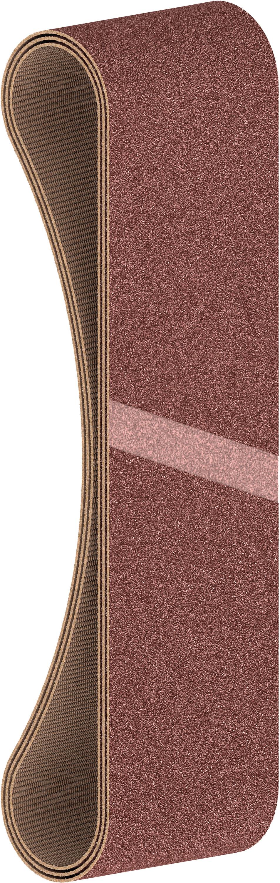 Endless red abrasive sanding belt for sanding machines, used for smoothing surfaces in woodworking.