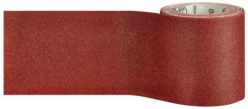 A roll of red sandpaper with a uniform texture, unrolled, shows the abrasive surface.