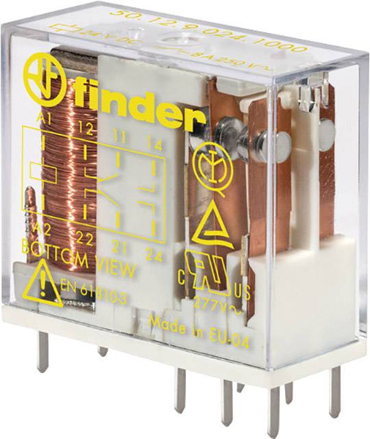 A transparent electromechanical relay with a copper wire coil, yellow labelling and multiple metal pins at the bottom.