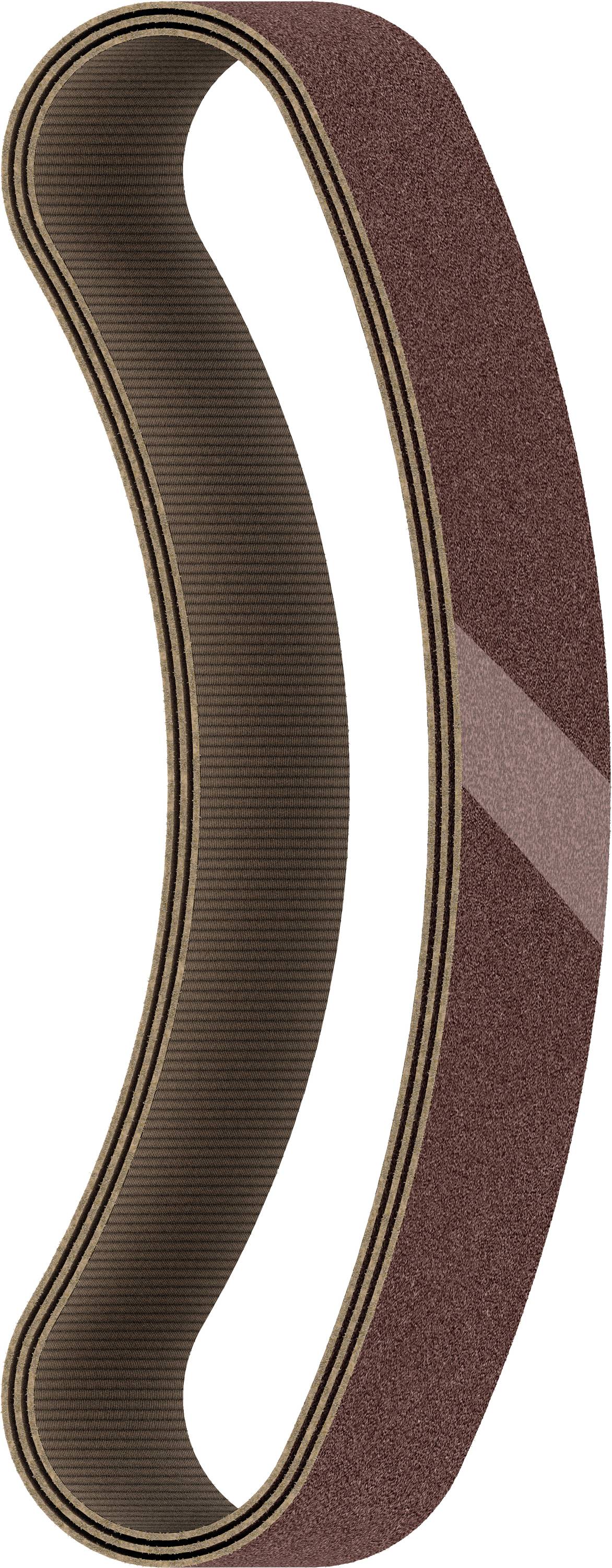 Brown oval sanding belt, used for grinding materials in handheld or stationary grinding machines.