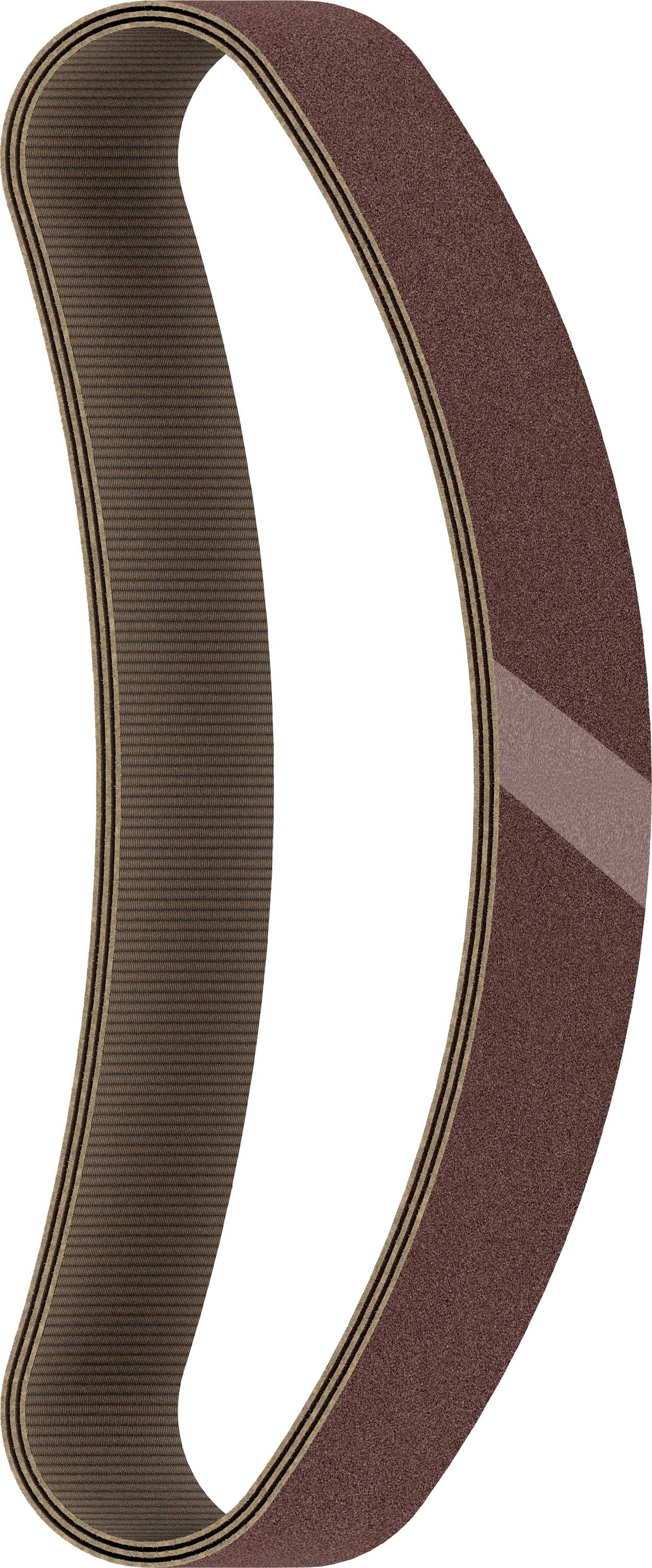Brown sanding belt, oval-shaped, with textured rubber interior. Used for sanding work on metal or wooden surfaces.