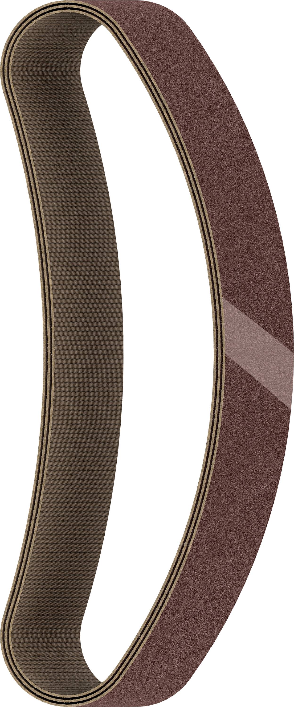 Brown sanding belt, shown curved, with a ribbed texture on the inner side and a smooth outer surface.