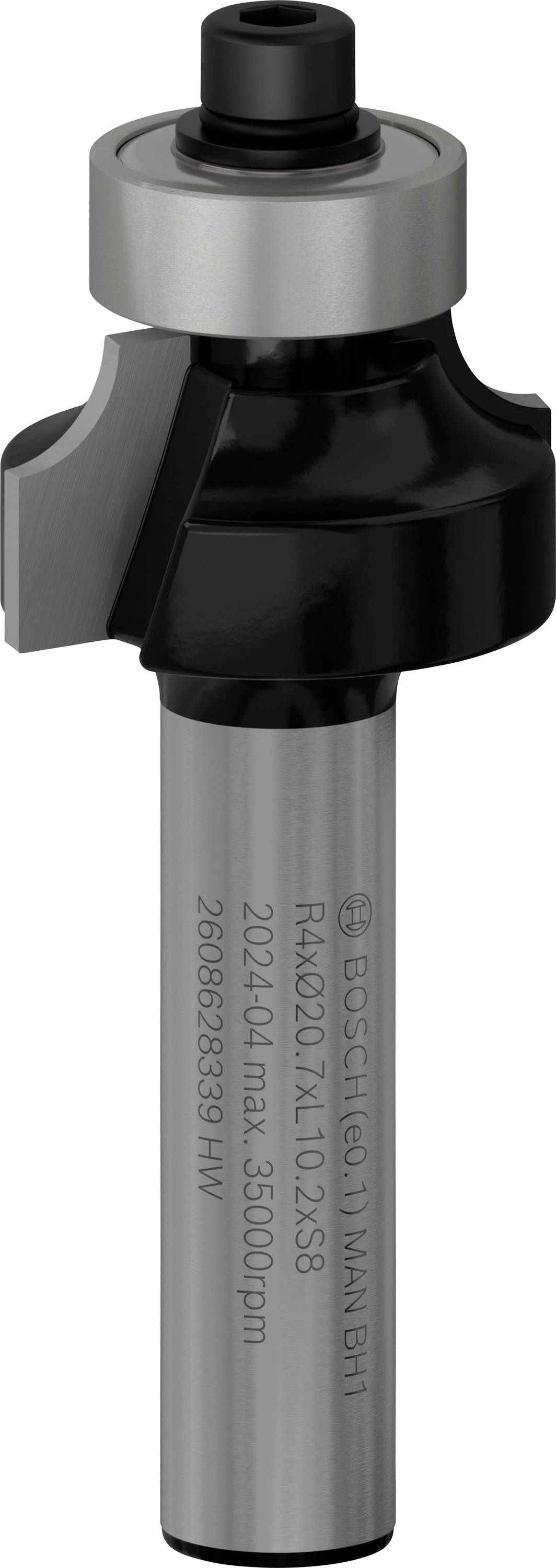 Milling cutter with grey metal coating and black head. Suitable for milling edges and profiles in wood or plastics.