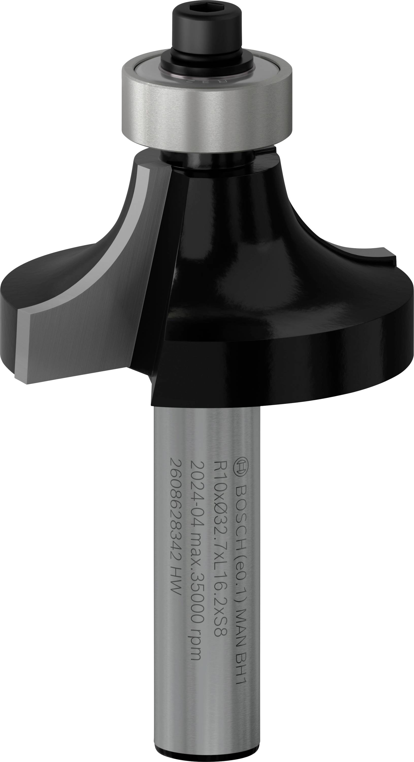 Milling cutter with a black cutting head and grey shaft, specified for a maximum rotational speed of 35,000 rpm, suitable for woodworking.