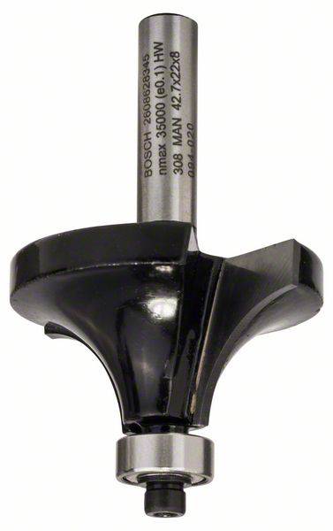 Rounded head and shank router bit, suitable for woodworking. Markings on the shank for manufacturer and specifications.