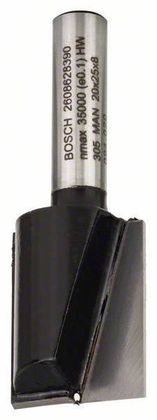 Top milling cutter with cylindrical shank and black milling edge, suitable for woodworking with 'BOSCH' inscription and technical specifications.