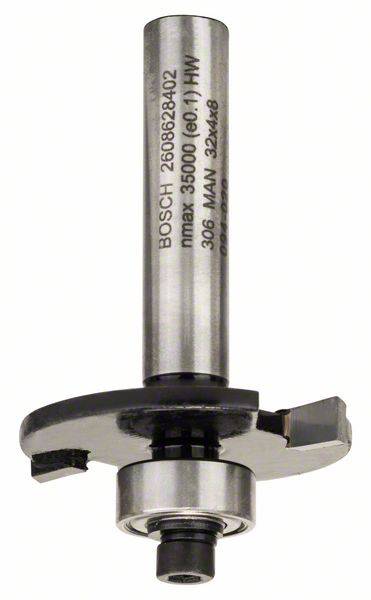 A router with a metal shank and rotating cutting head, suitable for precise woodworking. Markings indicate technical specifications.
