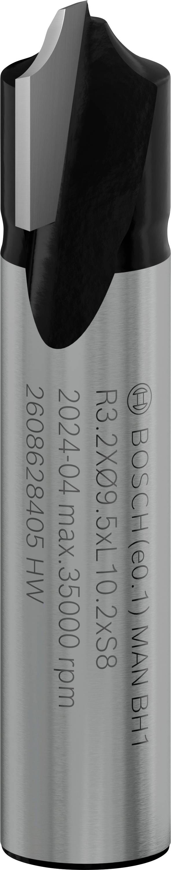 Grey milling cutter with a black, sharp cutting edge. Labelled with technical specifications and Bosch logo.