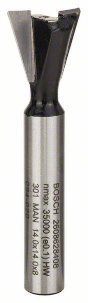 Bosch milling cutter with cylindrical shank and two cutting edges. Markings indicate model number and usage limits.