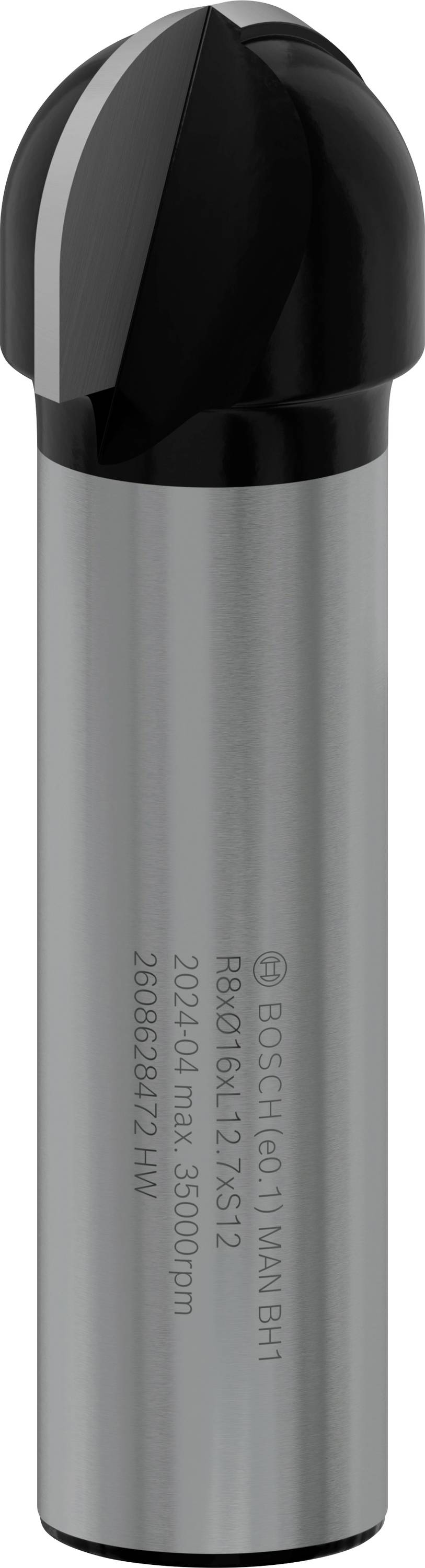 Pictured is a grey, cylindrical metal milling cutter with a black round tip. Technical specifications are engraved on the side.