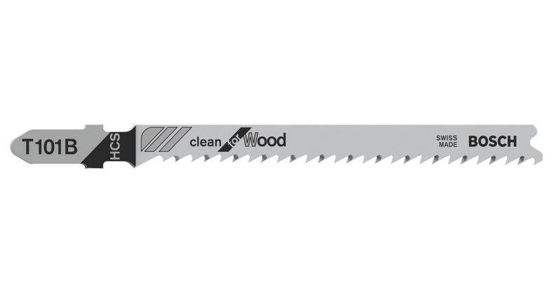 Bosch T101B wood saw blade, marked 'clean for wood', 'HCS', and 'Swiss Made'.