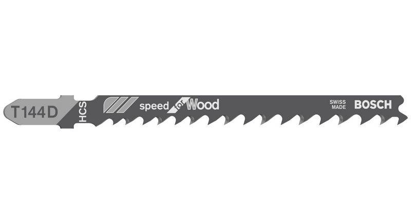 The image shows a Bosch jigsaw blade T144D 'speed for wood', suitable for quickly cutting wood, with a Swiss Made print.