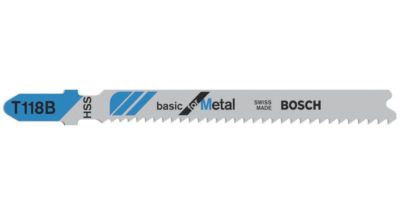 'Bosch Saw Blade T118B for Metal' with blue tip and teeth, marked with 'basic for metal', 'Swiss made', 'HSS'.