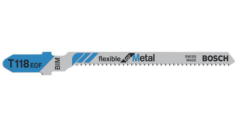 'Bosch T118EOF BIM Saw Blade, flexible for metal, Swiss Made' printed in blue and silver on the blade.