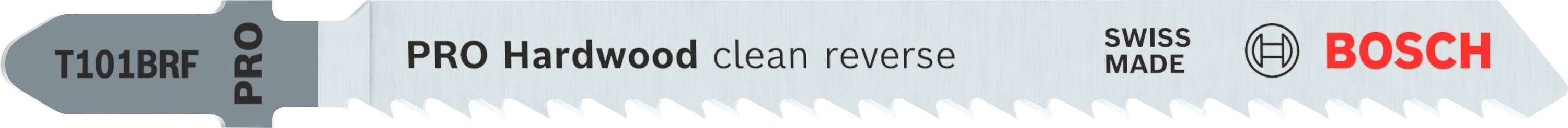 Saw blade with the inscription 'Bosch PRO Hardwood clean reverse' and 'SWISS MADE', suitable for clean cuts in hardwood.
