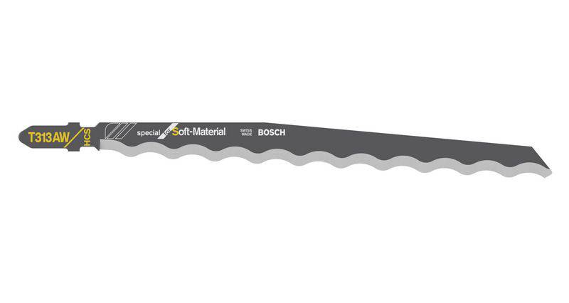 Jigsaw blade for soft materials, Bosch brand, Model T313AW. Suitable for precise cuts in specialised materials.