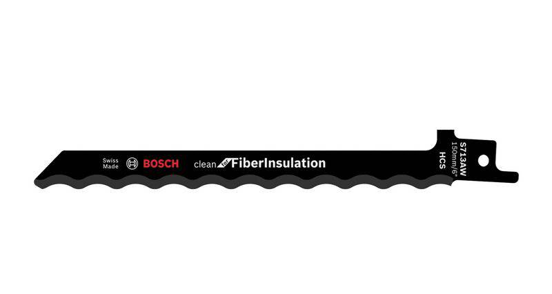 Bosch reciprocating saw blade with 'Fiber Insulation' inscription. Specifically designed for clean cuts in fibre insulation materials.