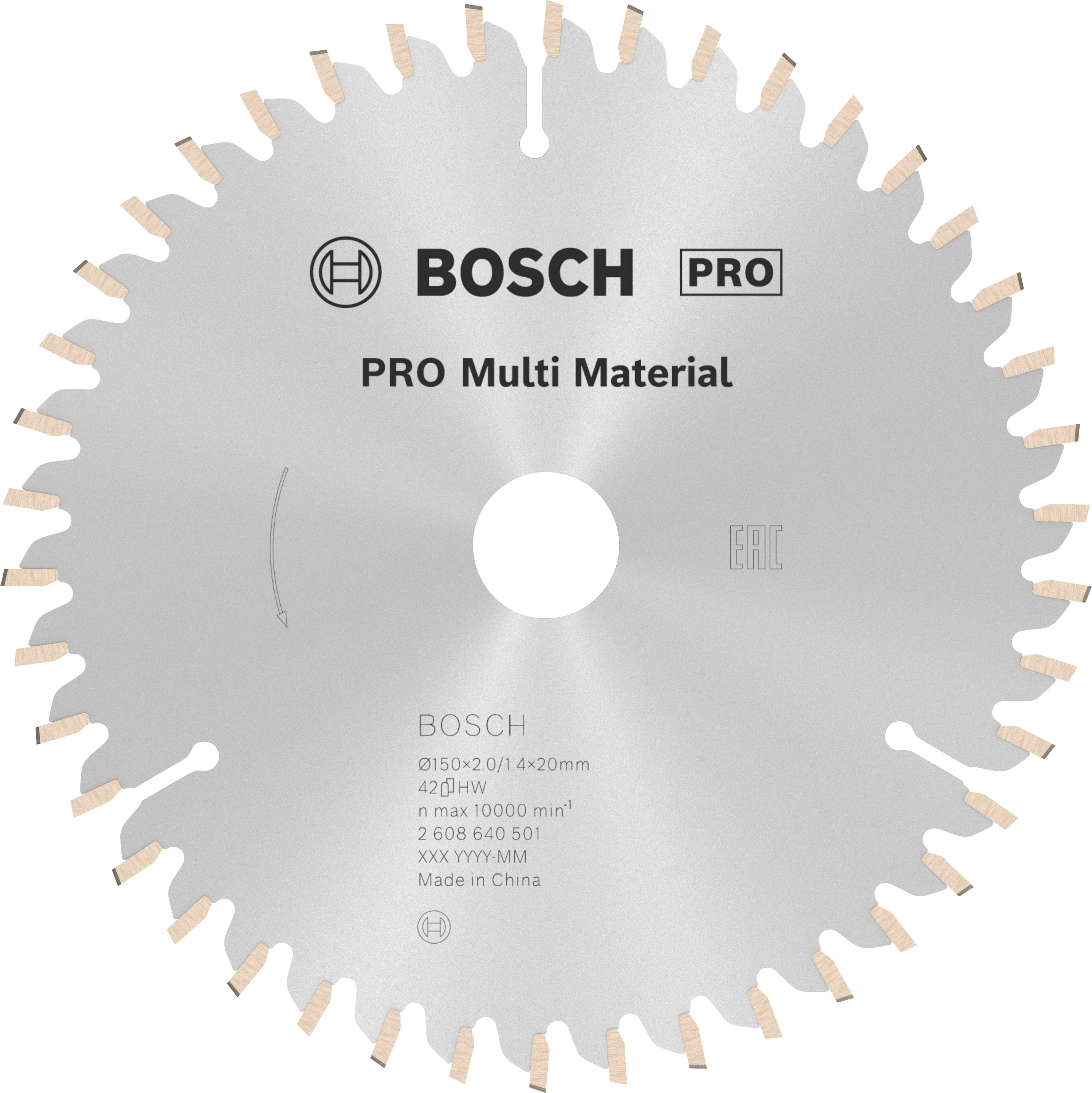 Circular saw blade with the inscription 'BOSCH PRO Multi Material', diameter 150 mm, maximum 10,000 rpm.