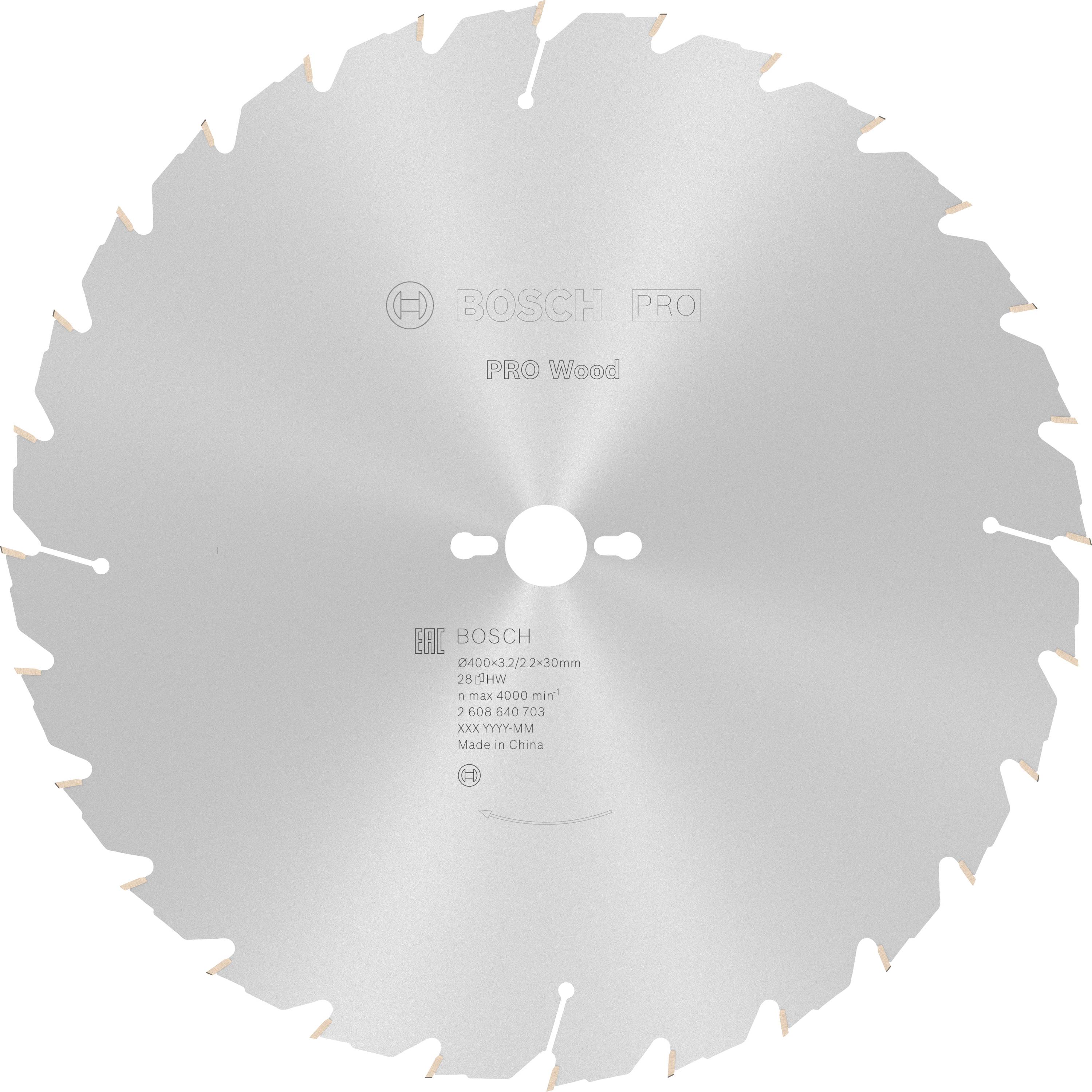 A silver saw blade with prominent teeth and the inscription 'PRO Wood'. Suitable for woodworking. Bosch logo visible.