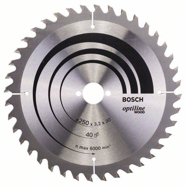 Bosch circular saw blade, Optiline Wood model, diameter 250 mm, 40 teeth, max. 6000 rpm.