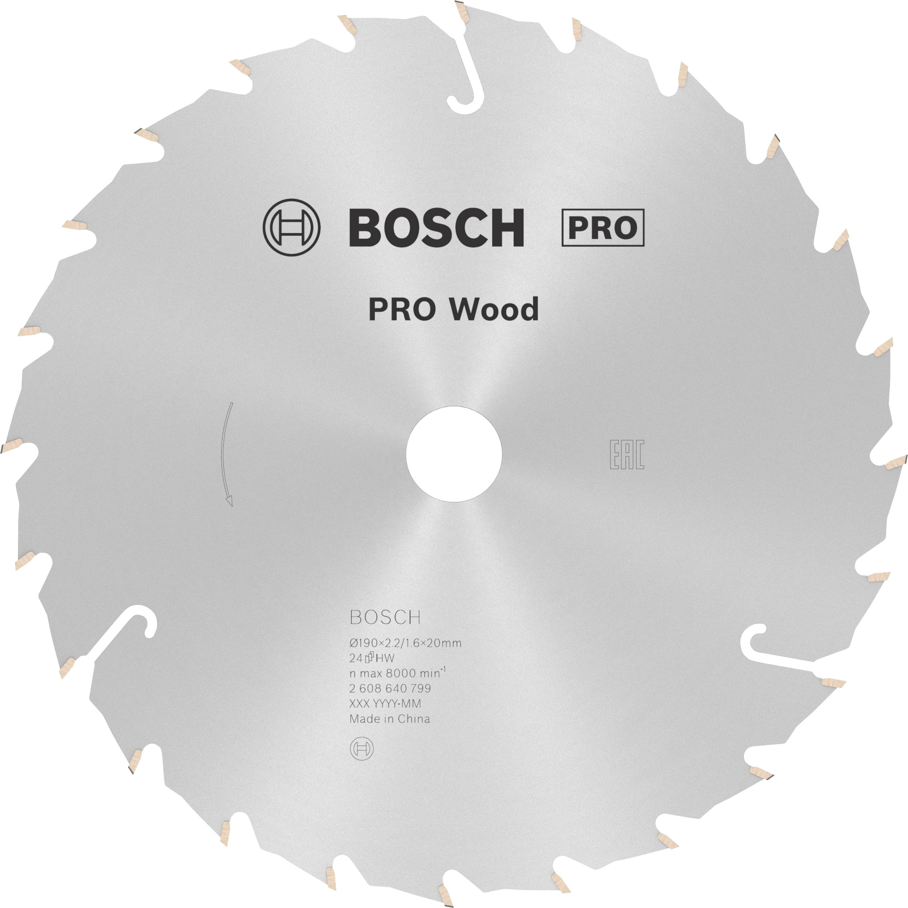 Bosch circular saw blade with 'PRO Wood' inscription, specifically designed for woodworking, silver in colour, with multiple teeth around the edge.
