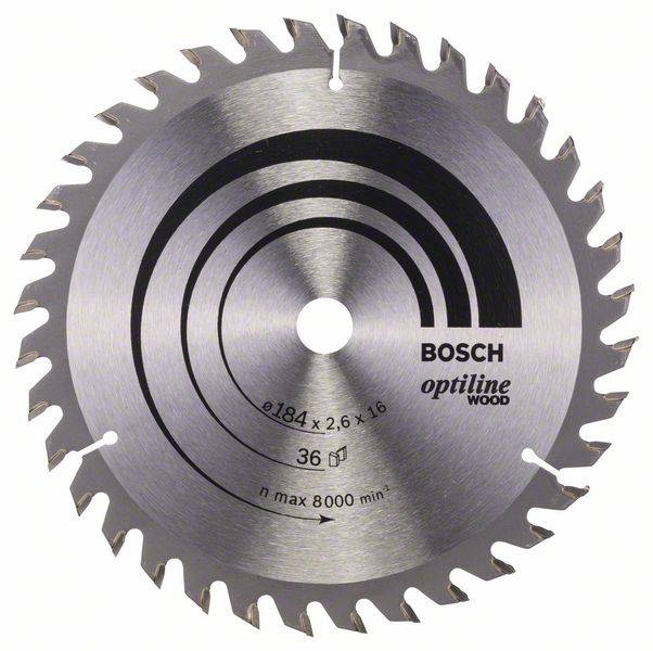 Round saw blade for wood by Bosch, model 'Optiline Wood', diameter 184 mm, maximum speed 8000 rpm, 36 teeth.